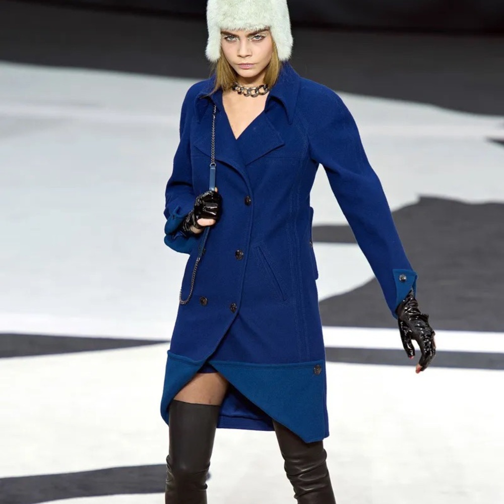 CHANEL 2013 13K Runway Two Tone Wool Peacoat Coat Jacket Blue Teal 38FR